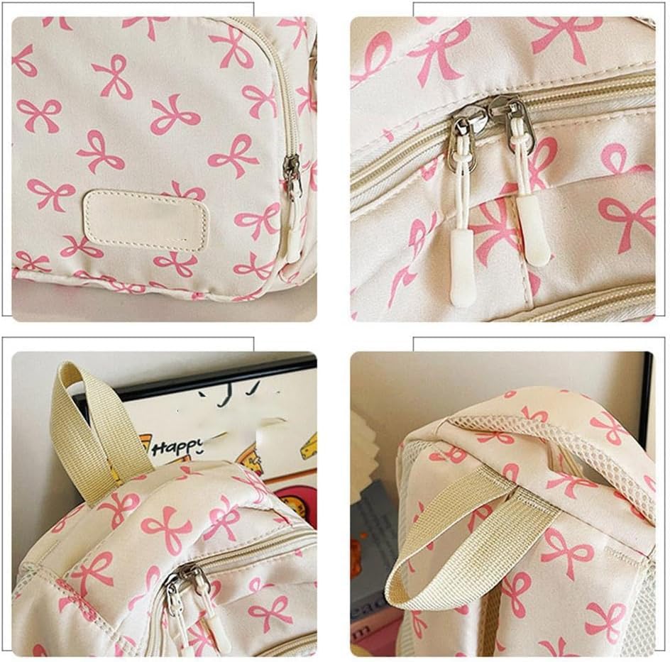 Bow Backpack for Women, Nylon Rucksack Cute Kawaii Set Aesthetic Daypack 3Pcs, bow backpack for girls (White Blue)4