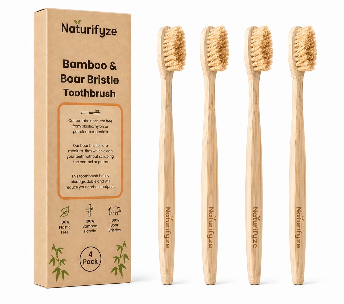 Cepillo de dientes de cerdas de jabalí y bambú (paquete de 4) - Cerdas auténticas de jabalí - Biodegradable - Sin plástico - Cerdas de bambú y jabalí