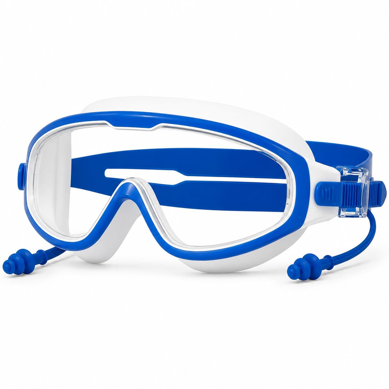 Kids Swimming Goggles with Attached Silicone Earplugs Anti Fog Clear Wide View Lens Adjustable Elastic Strap Soft Seal Swim Glasses for Boys Girls Pool Training Lessons and Water Activities Blue White-image-5