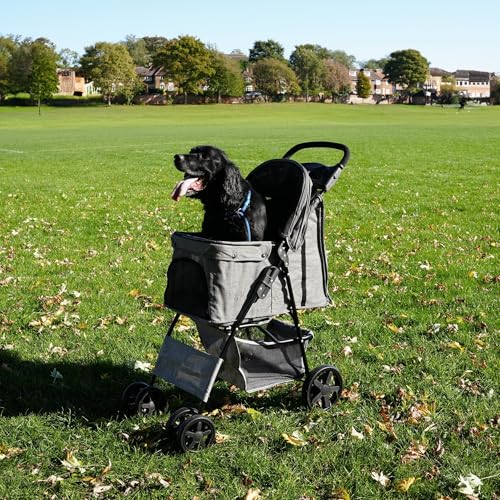 Wandelwagen voor huisdieren, geweven grijze drager, opvouwbare trolley, reiswagen, 15 kg, capaciteit 4 wielen, remmen voor katten en honden, veiligheidshaak leiband, kussen, luifel, gaas, ramen, mand, - Afbeelding 5