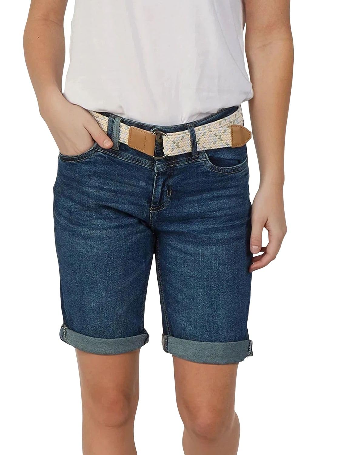 DENIMFY Jeans corti da donna con cintura, vestibilità normale, DFLena, pantaloncini estivi, in denim elasticizzato, basic, tinta unita, blu, S, M, L, XL, XXL
