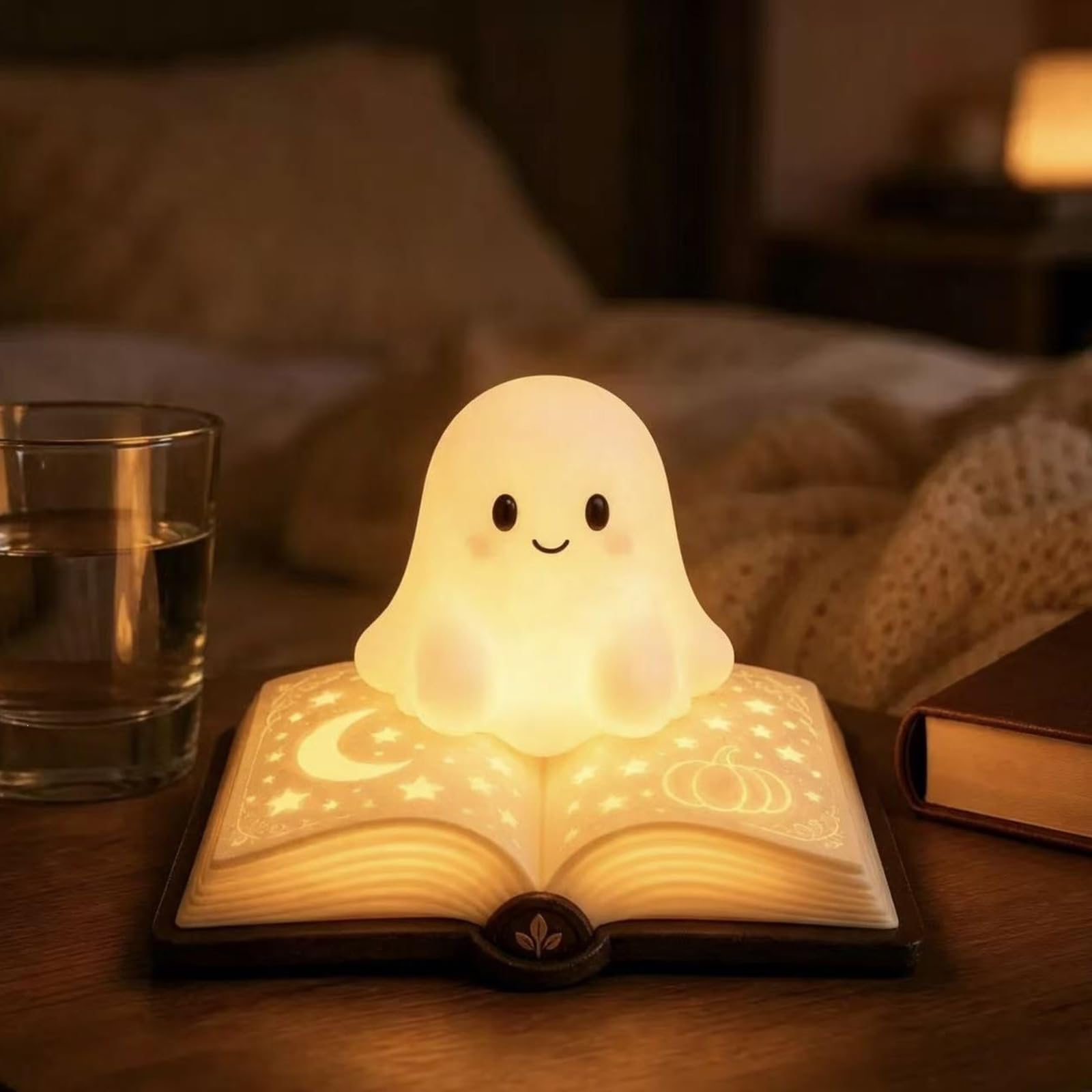 Halloween Figurine Statue Ghost Reading Book Lamp,Cute Ghost Night Light