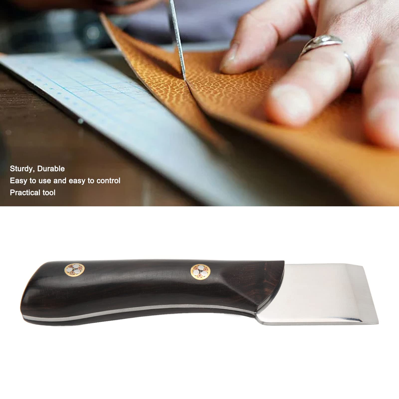Cuchillo cortador de cuero, cuchillo de corte con mango de madera, práctico cuchillo de trabajo de cuero de fácil control, cuchillo de borde de cuero para artesanía de