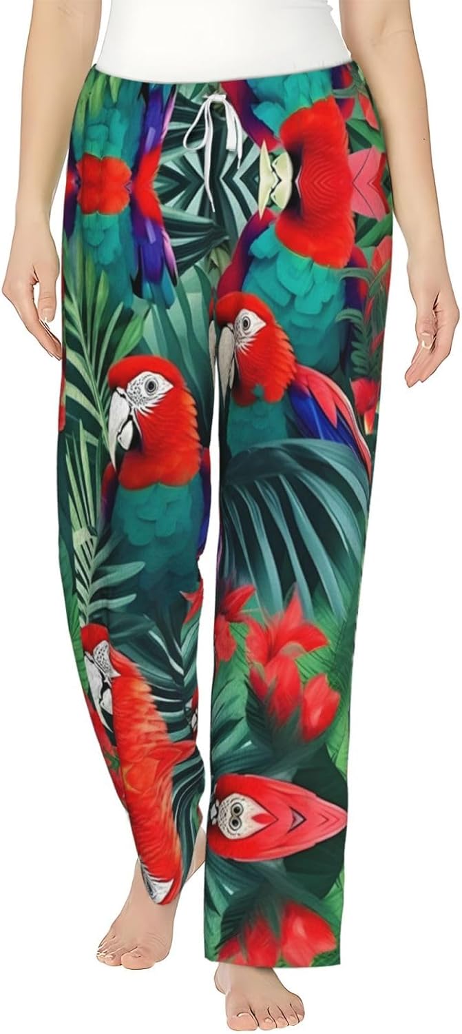 Tropical Flower Parrot Print Cozy Christmas Pajama Pants,Flannel Pajama Bottoms,Cater To Various Body Types