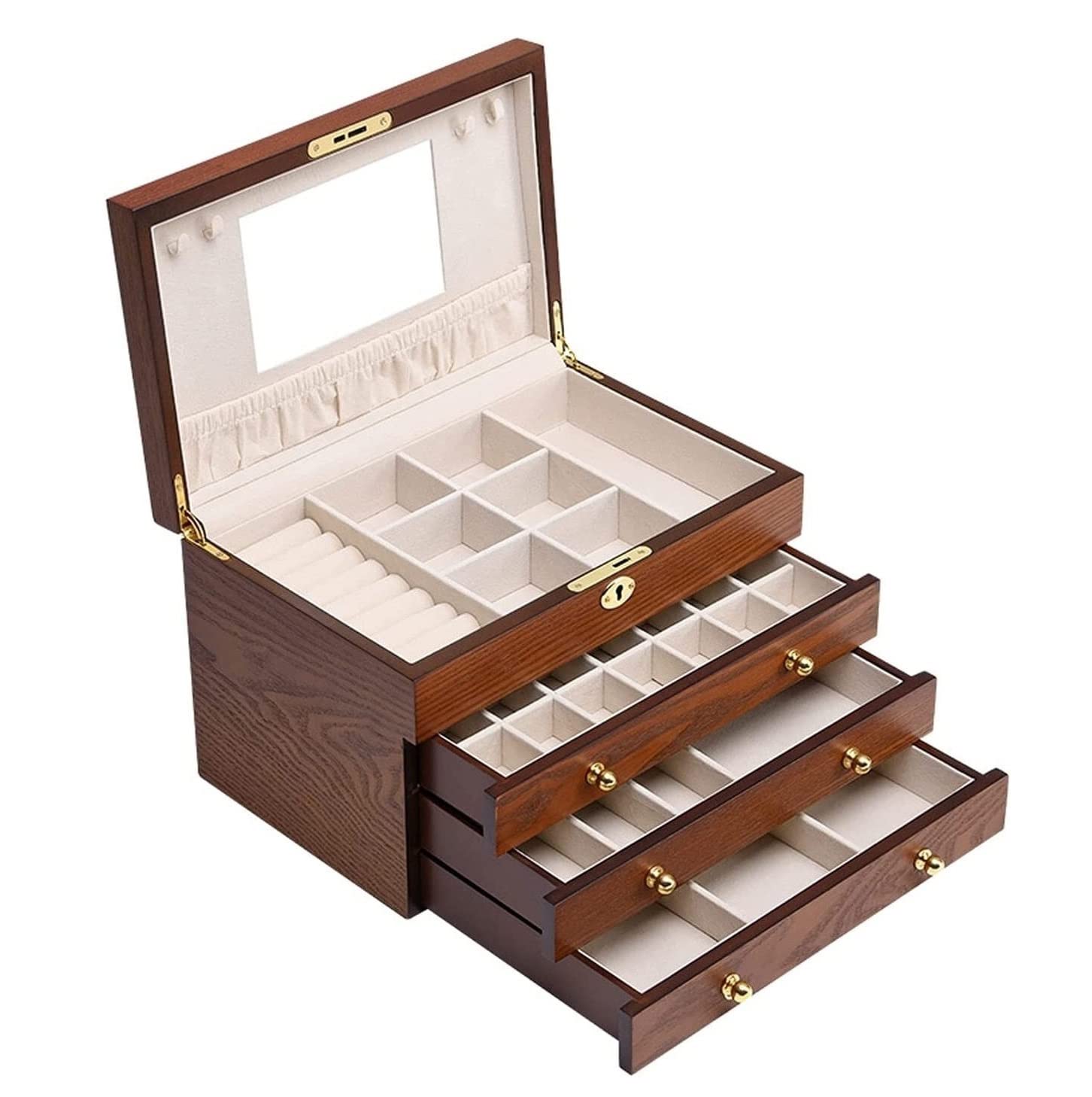 Schmuckschatulle, Schmuckkästchen, große Damen-Schmuckschatulle, verspiegelter Uhren-Organizer, Aufbewahrung von Halsketten, Ringen, Ohrringen, abschließbares Geschenketui, Holz-Schmuckschatulle,