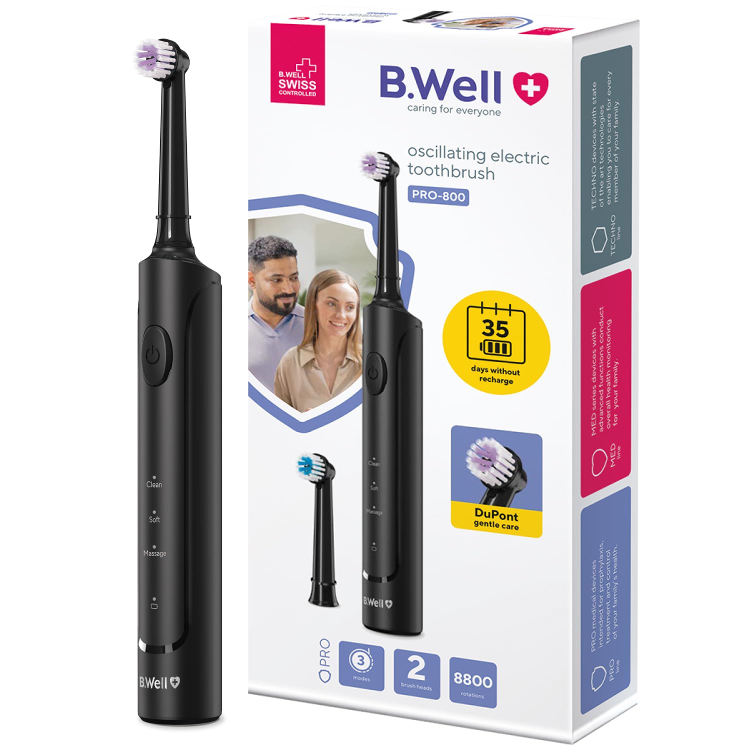 Brosse à Dents Rotative B.Well PRO-800 | 3 Modes & Autonomie 35 Jours | Qualité suisse, minuteur 2 minutes avec intervalle 30s, charge par induction & 2 brossettes, Noire