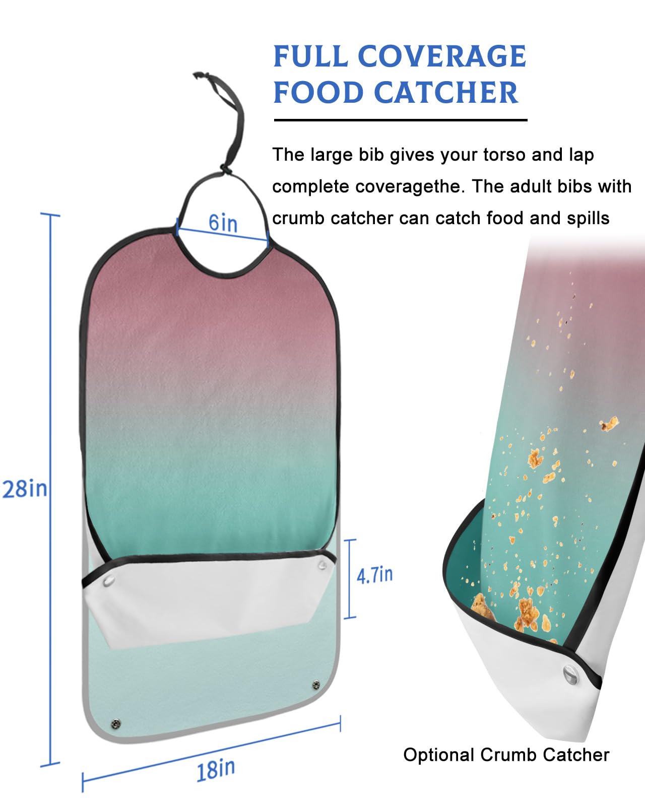 Kewadony Adult Bibs for Elderly Women - Green Pink Ombre Waterproof Dining Clothing Protectors with Crumb Catcher for Eating/Feeding, Gradient Pink Green Terry Cloth Bib Machine Washable