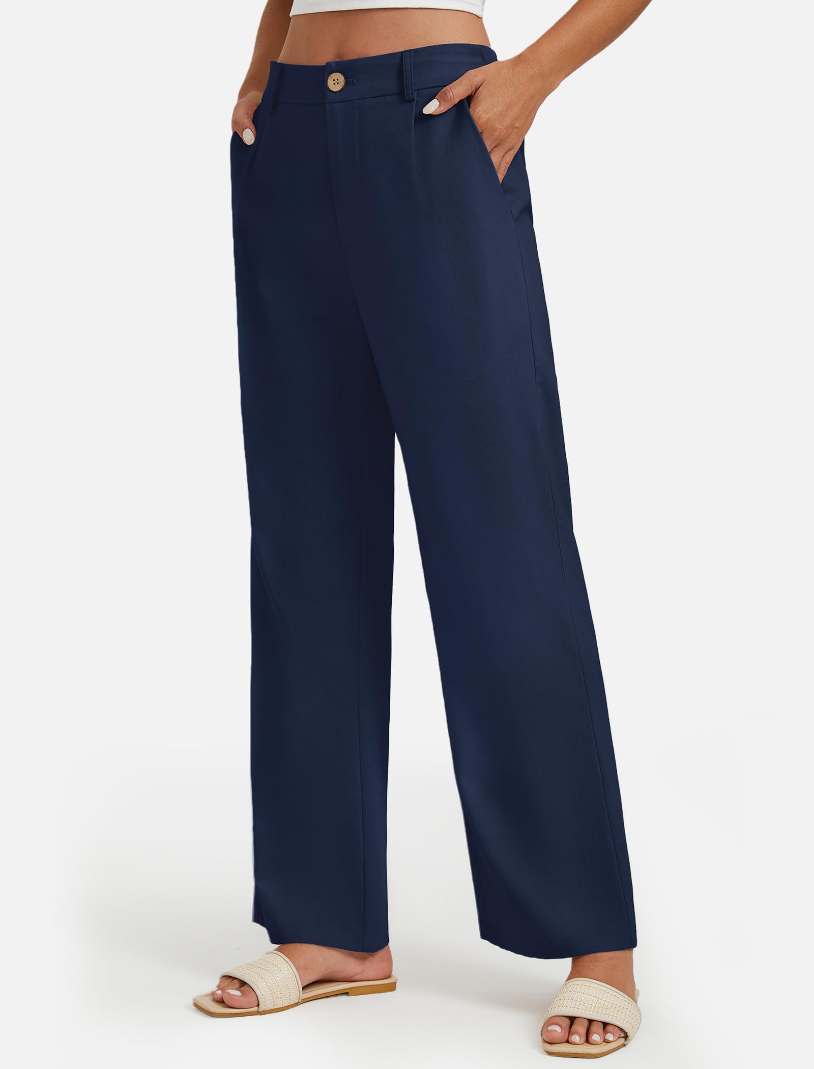 Enmain Pantalon Lin Femme Jambes Larges Bureau Pantalon Taille Haute Décontracté Coton Costume Pants avec Poches