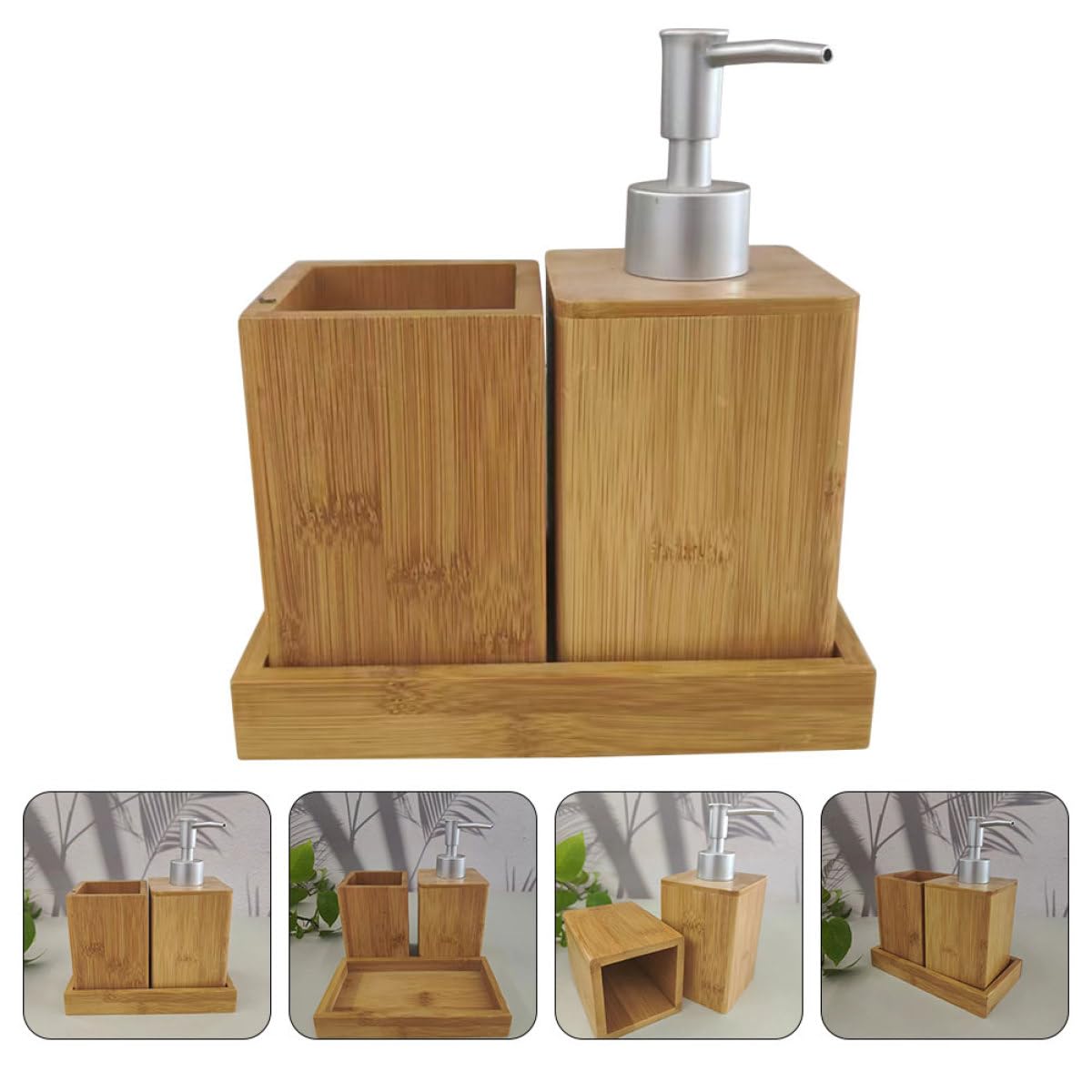 Uonlytech Set Accessori Bagno in Bambù Dispenser di Sapone Ricaricabile e Bicchiere Porta Spazzolino per Uso Domestico in Bagno Elegante e Funzionale