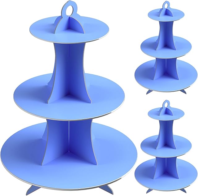 3 Pack Blue Cardboard Cupcake Stand 3- Tier Dessert Stand Round Cupcake Holder Tower for Birthdays, Party, Baby Showers