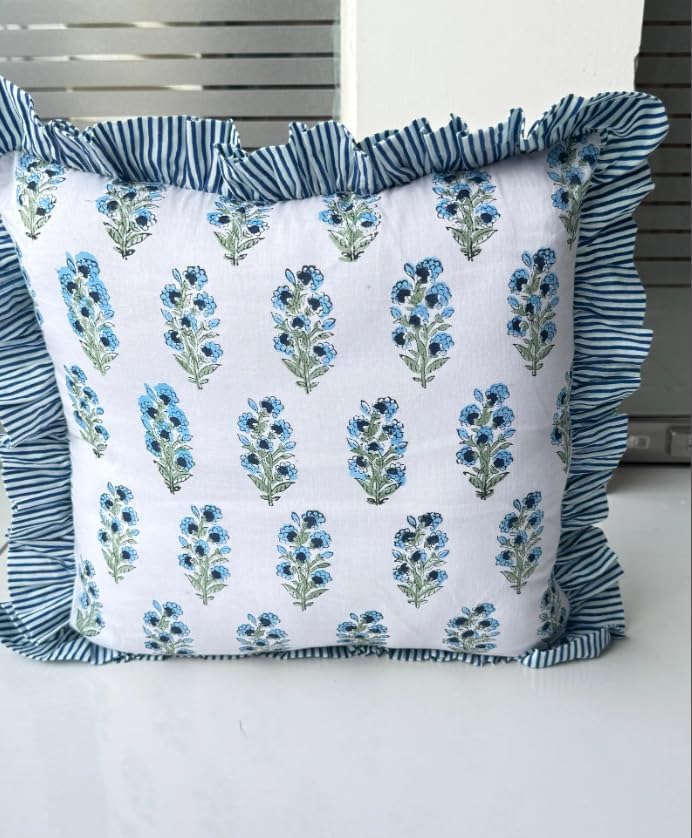 Block Print Pillow Cover - Cotton Throw Frill Pillow Covers for Boho Decorative Couch, Living Room, Bohemian Theme Gifts, Indian Pillow Cover Floral Blue - 18 x 18 Inches - Set of 2pcs