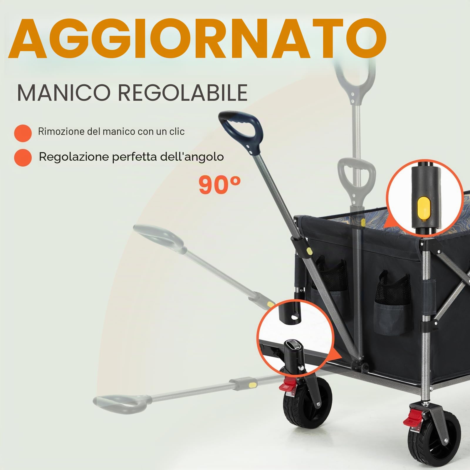 OVERMONT Carrello da Giardino Pieghevole - 200 L/136KG Carrelli da Trasporto Extra Lungo - Carrello da Campeggio Pieghevole con Grandi Ruote per Tutti i Terreni - con Tasca Laterale e 2 Freni