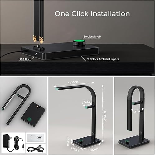 Miniatura 6 de Lámpara de escritorio LED con luz que cuida los ojos, puertos USB, 7 modos de color, cuello de cisne flexible y soporte para auriculares para