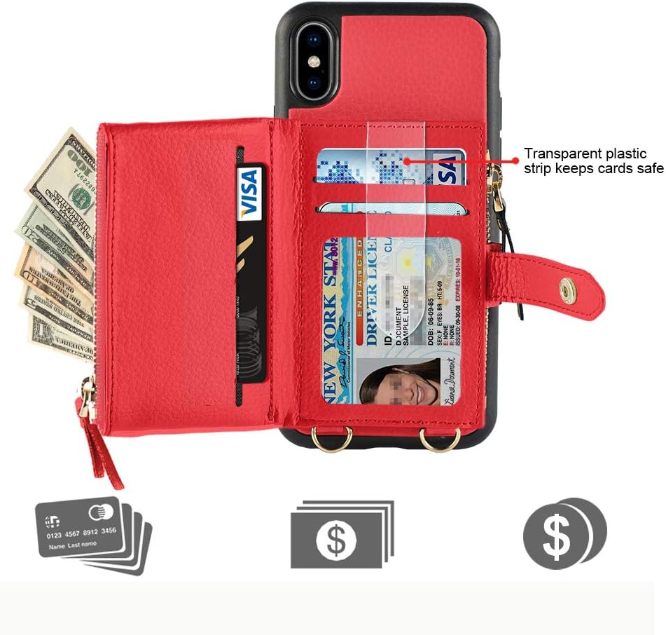 LAMEEKU Wallet Case for iPhone Xs and iPhone X 5.8 inches, Credit Card Holder Leather Wallet Case with Crossbody Strap Wrist Strap Zipper Leather Case Compatible with iPhone Xs/X, 5.8 inches-Red