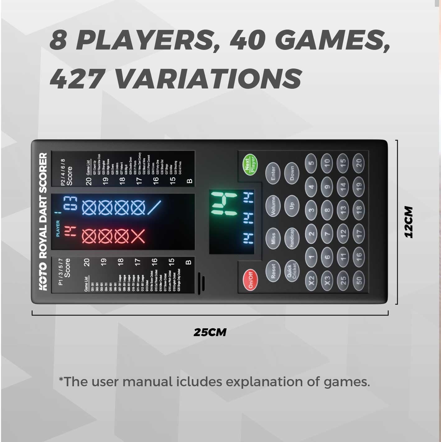 KOTO – Marcador de Dardos Electrónico con 40 Juegos, Pantalla de Puntuación, Apto para 8 Jugadores, Incluye Fijación a la Pared, Funciona con Pilas