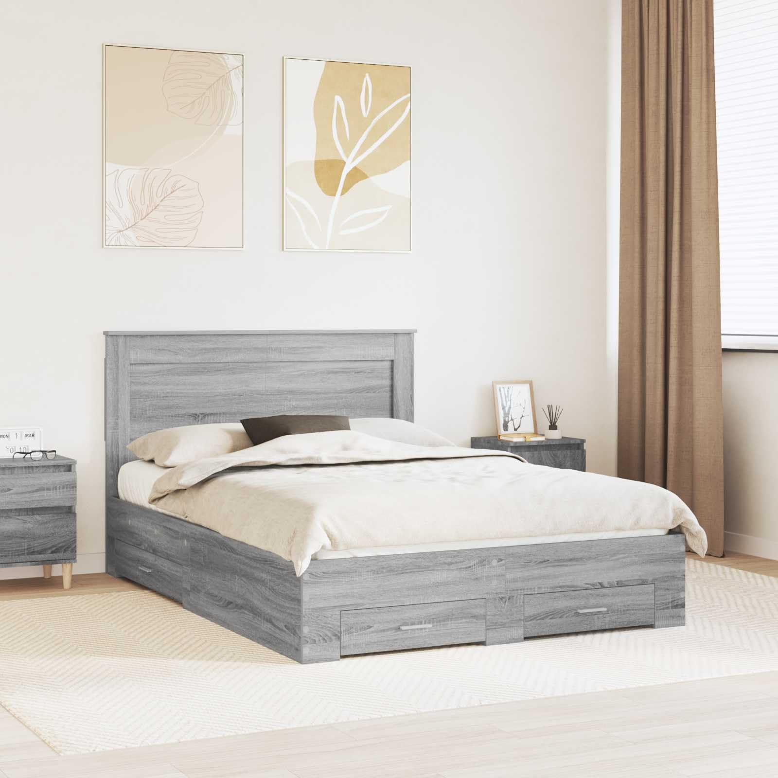 vidaXL Estructura de Cama con cajón con cabecera Madera contrachapada, Diseño de Dormitorio Moderno, soluciones de Almacenamiento, Cama Elegante, área de Descanso útil, Muebles con Estilo