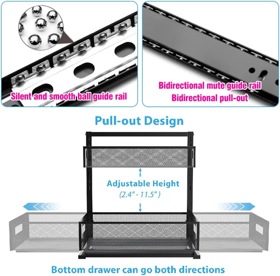 Miniatura 4 de Organizador para debajo del fregadero, organizador de gabinete extraíble de altura ajustable, organizador de baño de 2 niveles con cajones