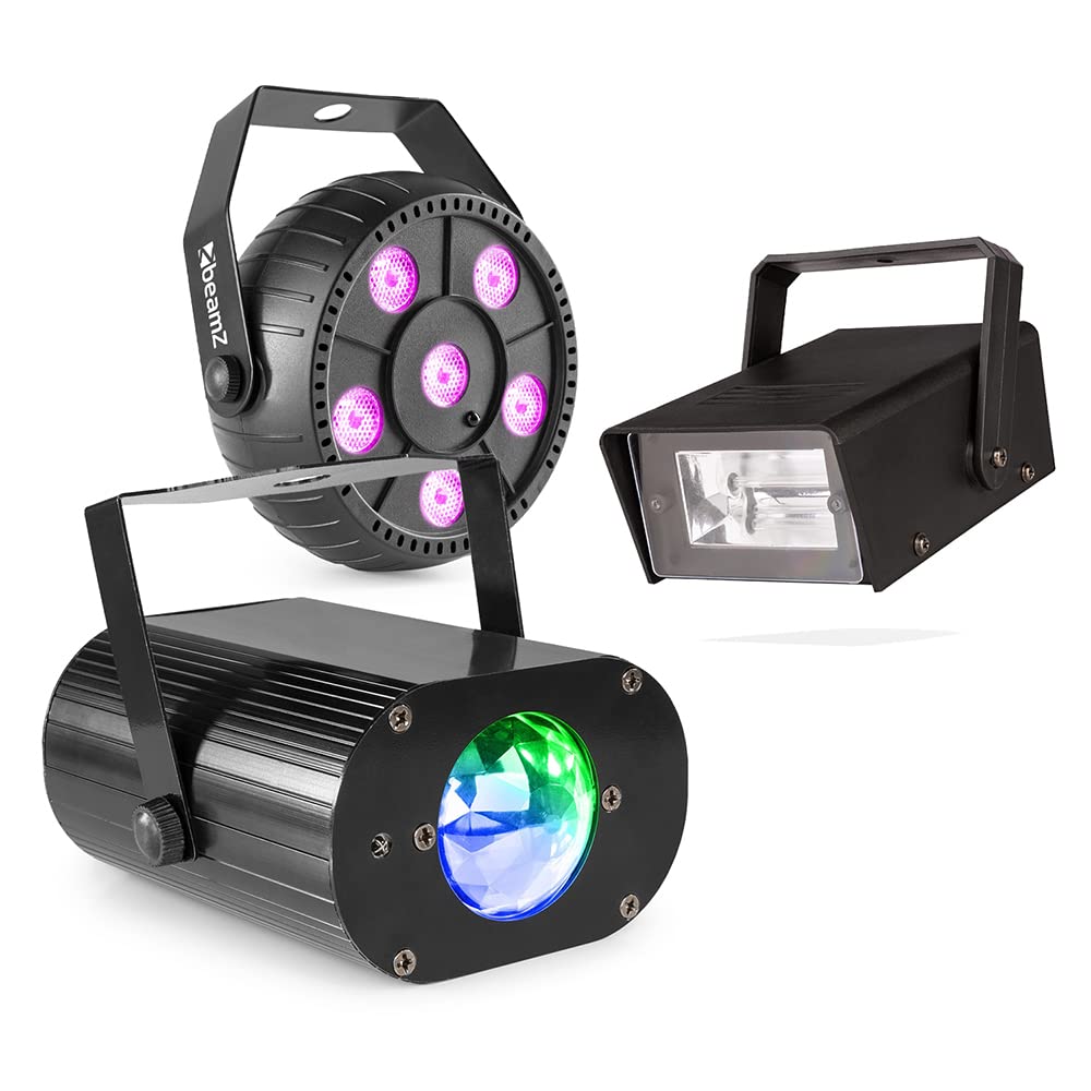 BeamZ Party Light Package with Battery LED Par, Water Wave Effect & Mini Strobe - Disco Lights for Home Parties, Sound Activated with RGB Colour Mixing & Remote Control