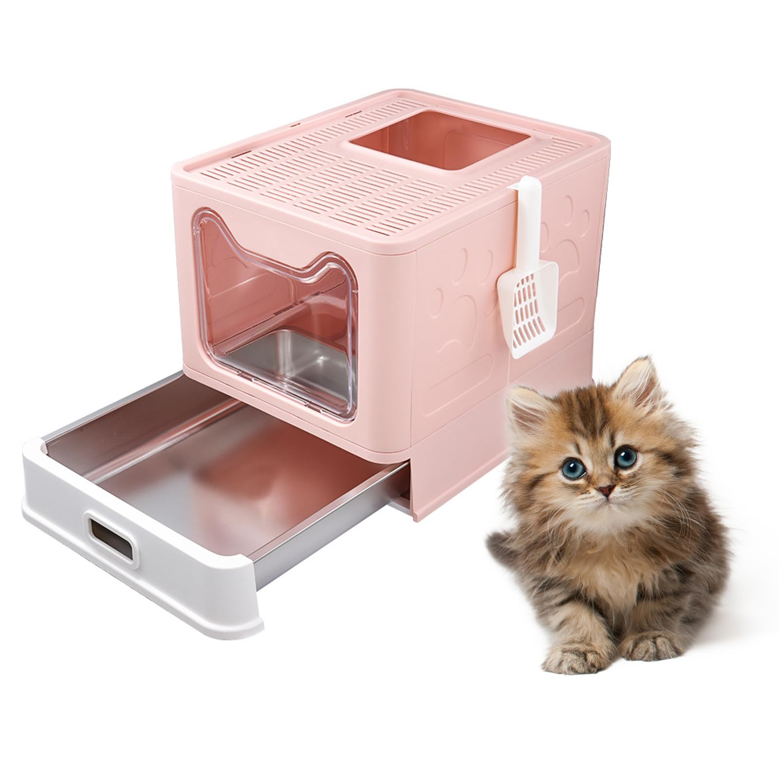 Bac à litière pour chat acier inoxydable pliable anti-odeur avec tiroir