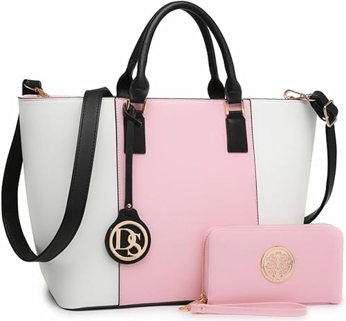 DASEIN - Bolsa de mano para mujer bolsa tipo bandolera asa superior bolsa plana para trabajar 1-pink/White + Matching Wallet, 2-black/Pewter +