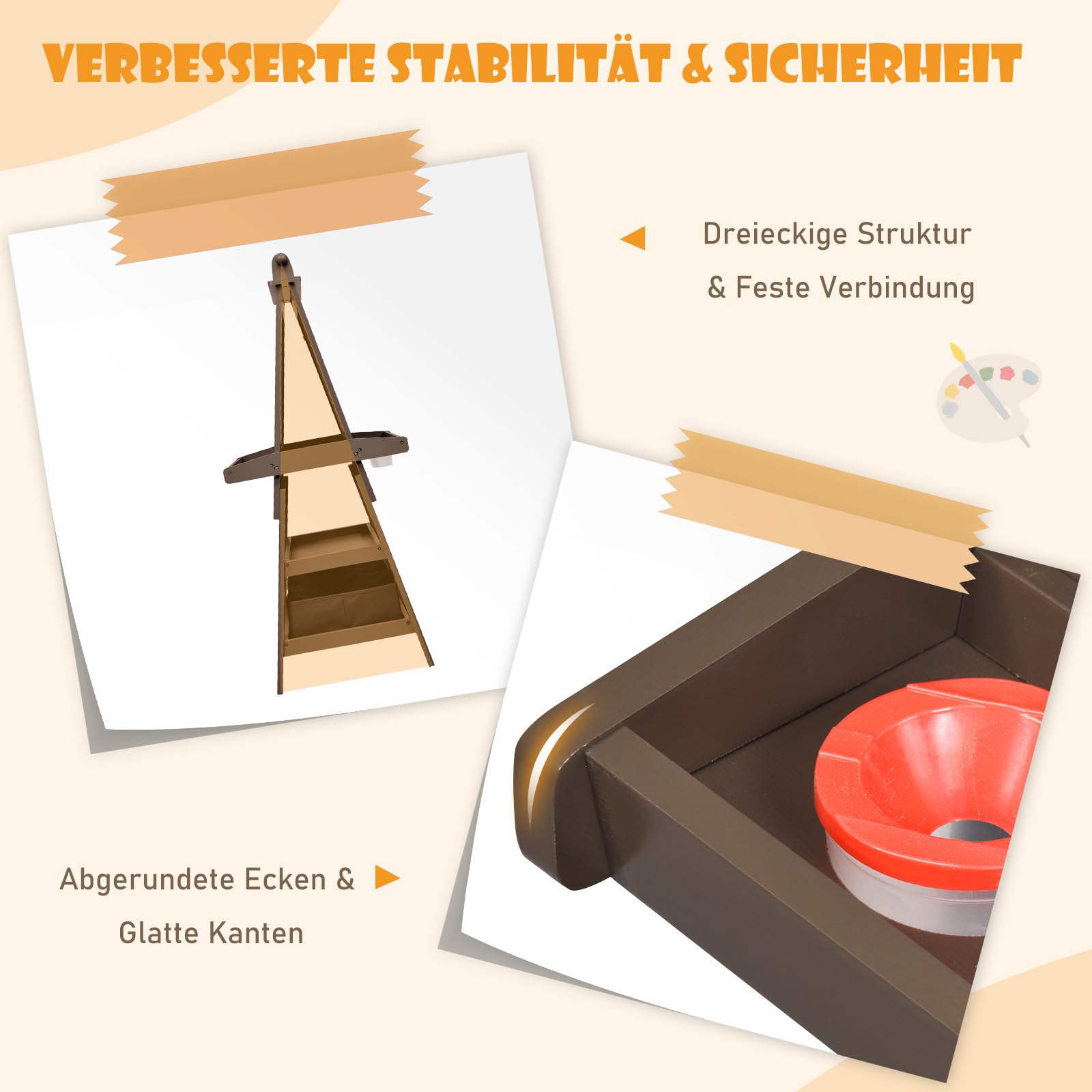 DREAMADE doppelseitige Kinder Staffelei aus Holz, Kinderstaffelei mit Ablage, Kindertafel mit Papierrolle Whiteboard und Kreidetafel, inkl. 2 Stoffboxen (Kaffee)