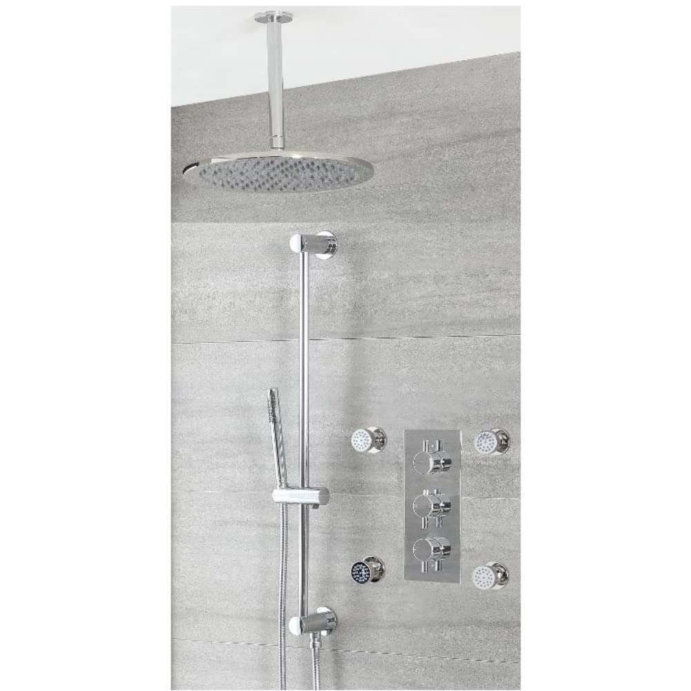 Milano Mirage Thermostatic Mixer Valve 300Mm Round Shower Head Handset Riser Rail Body Jets - Chrome