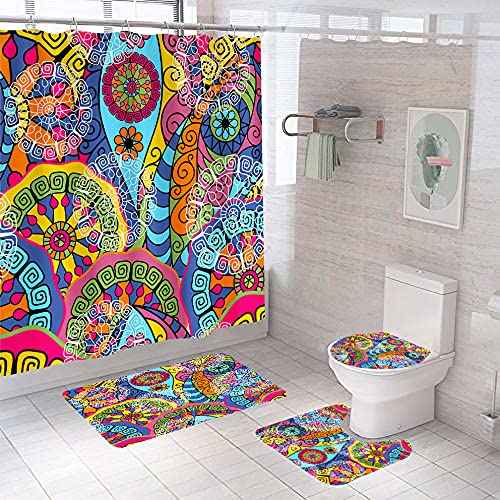 Ensemble rideau de douche et tapis mandala au design rétro raffiné