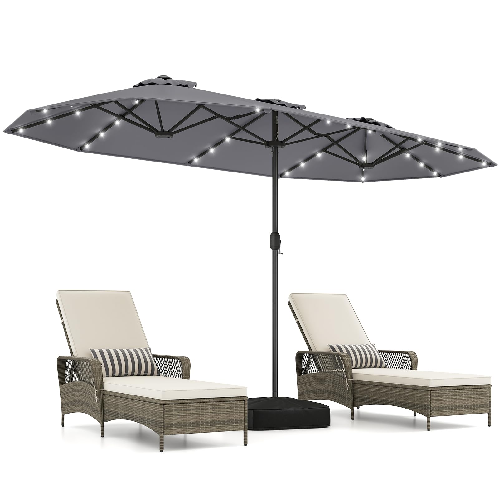 COSTWAY Doppelsonnenschirm mit Ständer und LED-Leuchten, 400 x 200 cm, Sonnenschirm Groß XXL, UPF 50+, Gartenschirm mit Kurbel, Terrassenschirm, Marktschirm für Garten, Terrasse & Pool (Anthrazit)