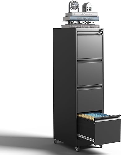 EKJ Archivador móvil de 3 cajones, archivadores de metal negro para debajo del escritorio con ruedas, archivador vertical delgado para oficina en