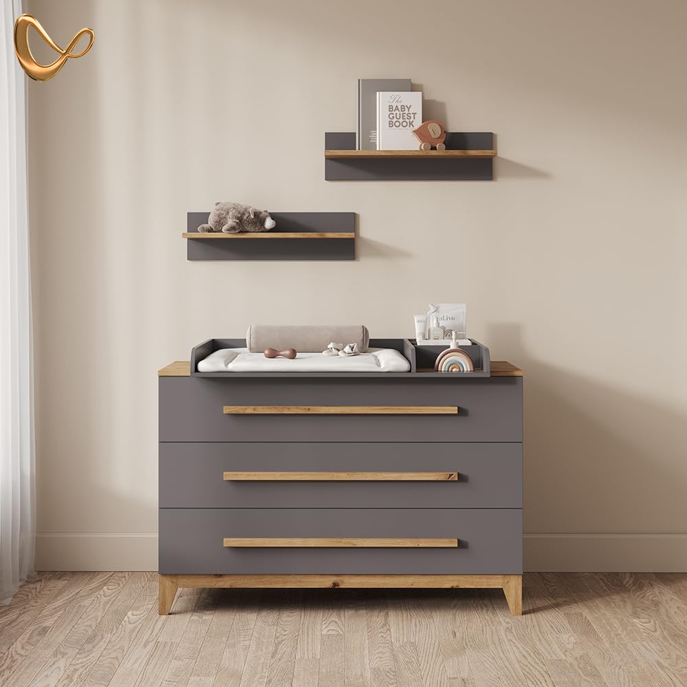 Livinity Commode à Langer Mailo, Gris/Artisan, XL avec 3 tiroirsorganisation Fonctionnelle pour Les Petits espaces
