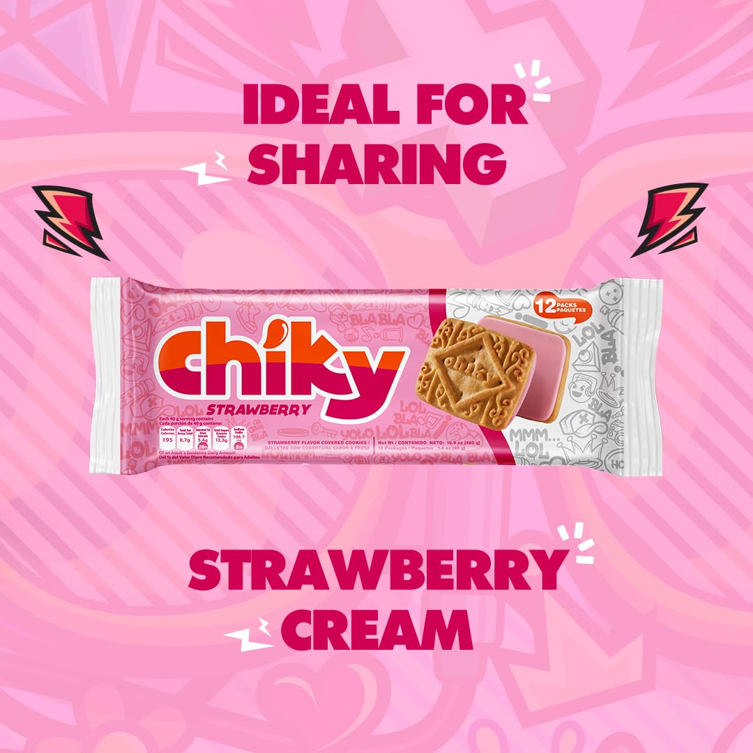 Chiky Strawberry Fudge Cookies, Crunchy & Sweet, Smooth Cream Center, Crispy Texture That Melts In Every Bite, 16.9 ounces, 1 Box contains 16 Bags, each with 12 Individual Packs.