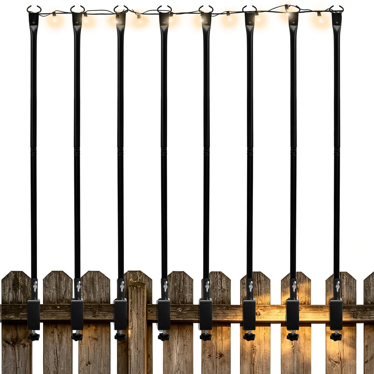 patio light poles for string lights, 8 pack deck poles for string lights with fence-friendly clamps, string light poles for deck railing clamp mount, metal hanging posts for backyard garden bistro