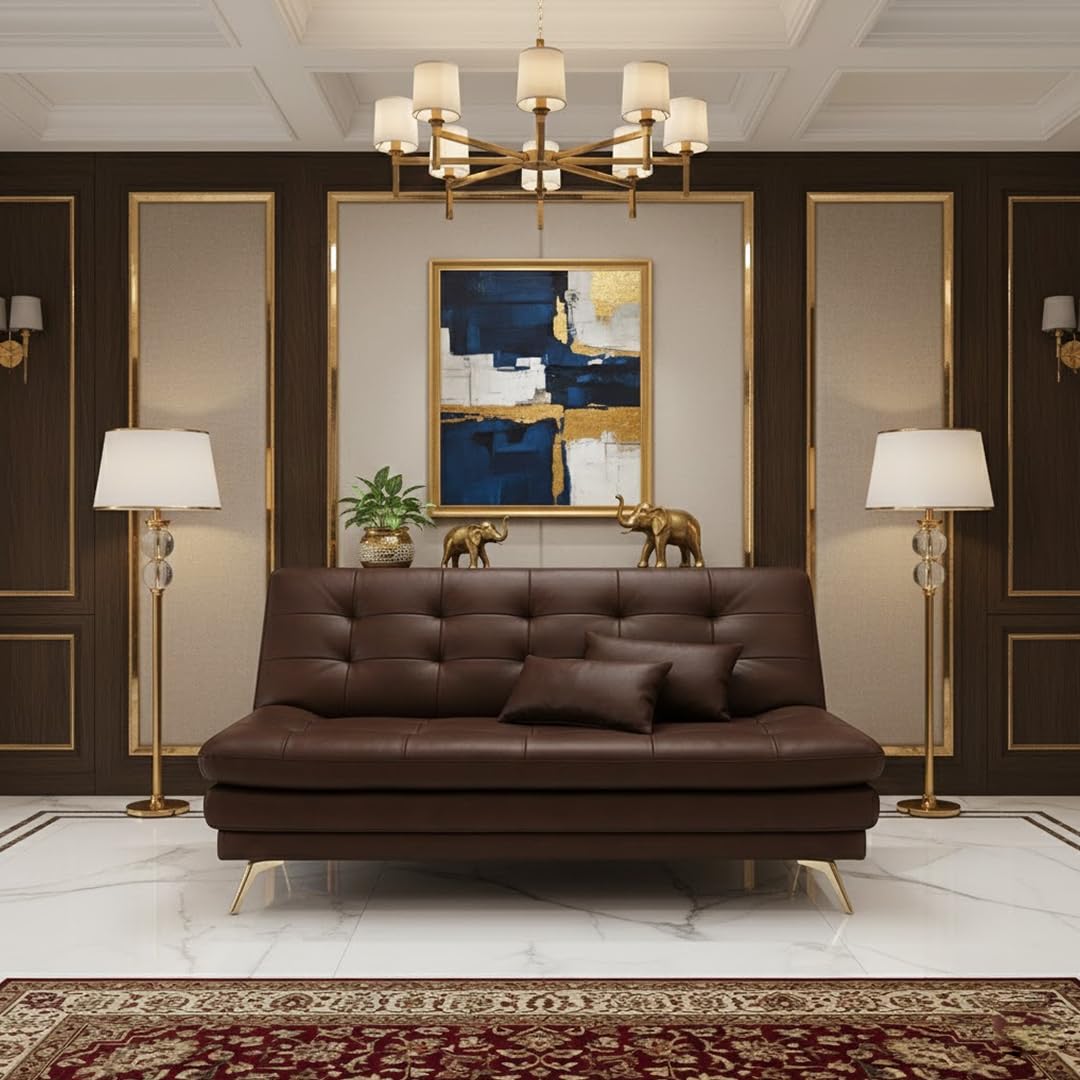 CASASTYLE Agel 3 Seater Leatherette Sofa Cum Bed with 2 Cushions (Brown) in Premium Finish | Ideal for Living Room, Bedrooms, Offices, Hotels