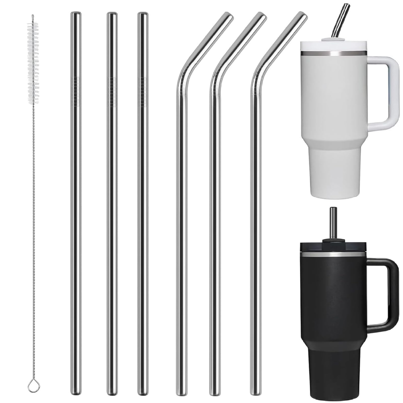 Pajitas reutilizables de acero inoxidable, juego de 6 pajitas de metal extra largas, pajitas curvas y rectas con 1 cepillo de limpieza para batido, licuado, cóctel y bebidas calientes