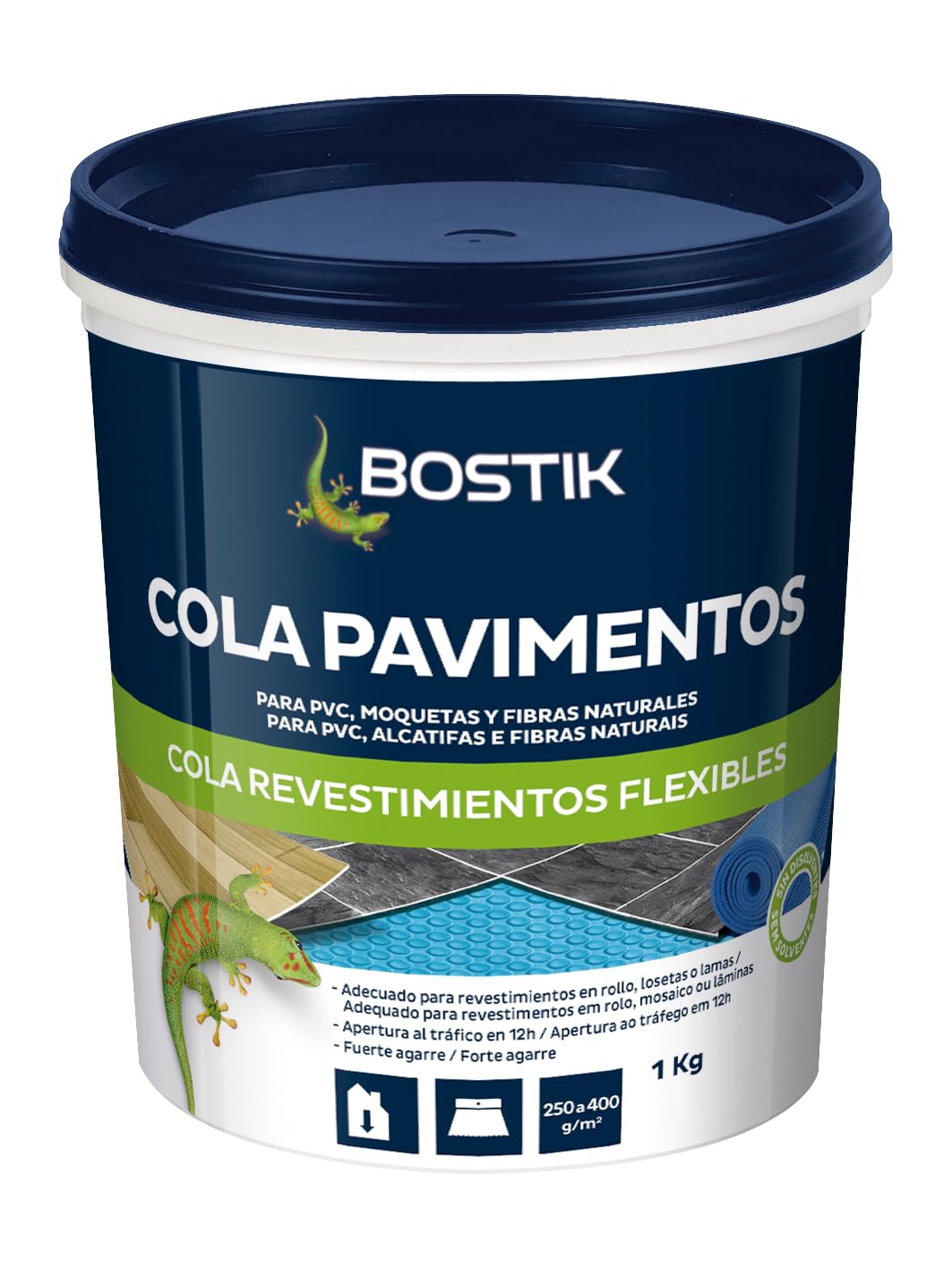 BOSTIK COLA PAVIMENTOS Blanco, Cola Acrílica, Fácil de Aplicar, Multimaterial, Elevado Agarre Inicial, Alto Rendimiento, Homologado, Interior, Bote 1 kg