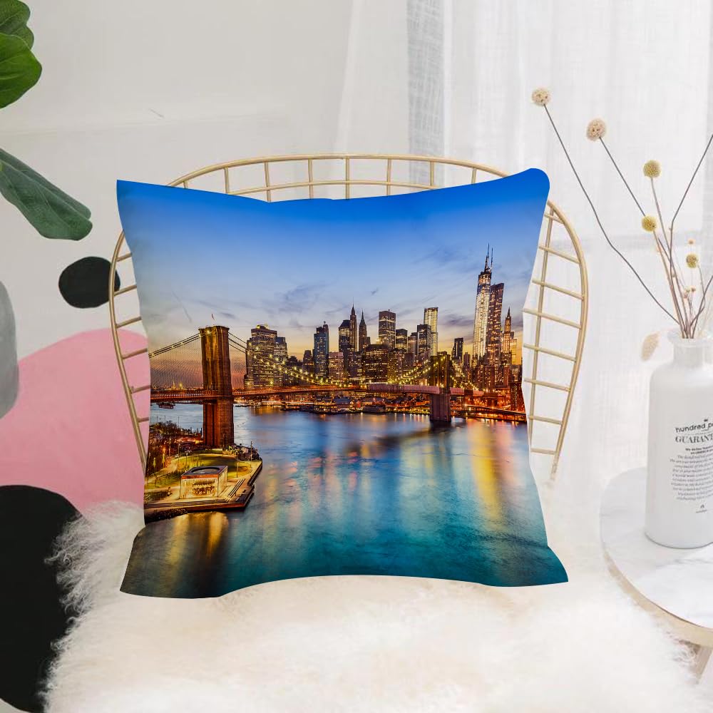 HYMSXW Cushion Cover,Throw Pillow Case Home Decorative for Living Room Bedroom Sofa Chair 20X20 Inch,York City Skyline Over East River Brooklyn Bridge Twilight,Blue Dark,Pillowcase 50X50cm