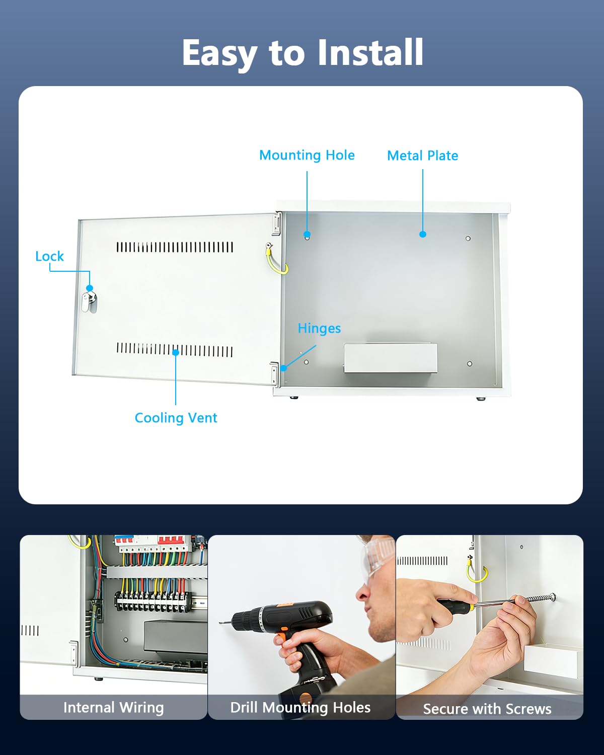Caja de cierre resistente con cerradura para cableado de seguridad, carcasa de acero universal para DVR/NVR, cable CCTV y proyectos eléctricos, montaje en interiores y exteriores, gabinete de metal a