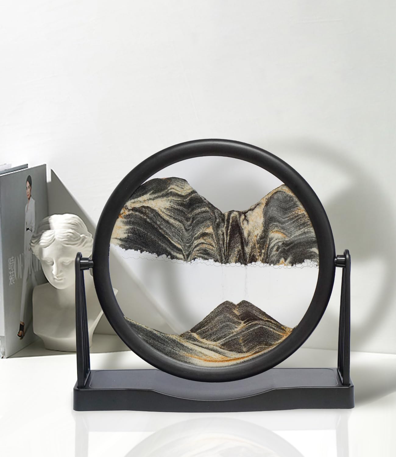 BringLEDDynamic 3D Moving Sand Art with Easy-Flip Stand - Liquid Motion Sandscapes - Quicksand (Flow Sand) Painting - Relaxing Desktop Decor for Home and Office (10" - Black Sand)