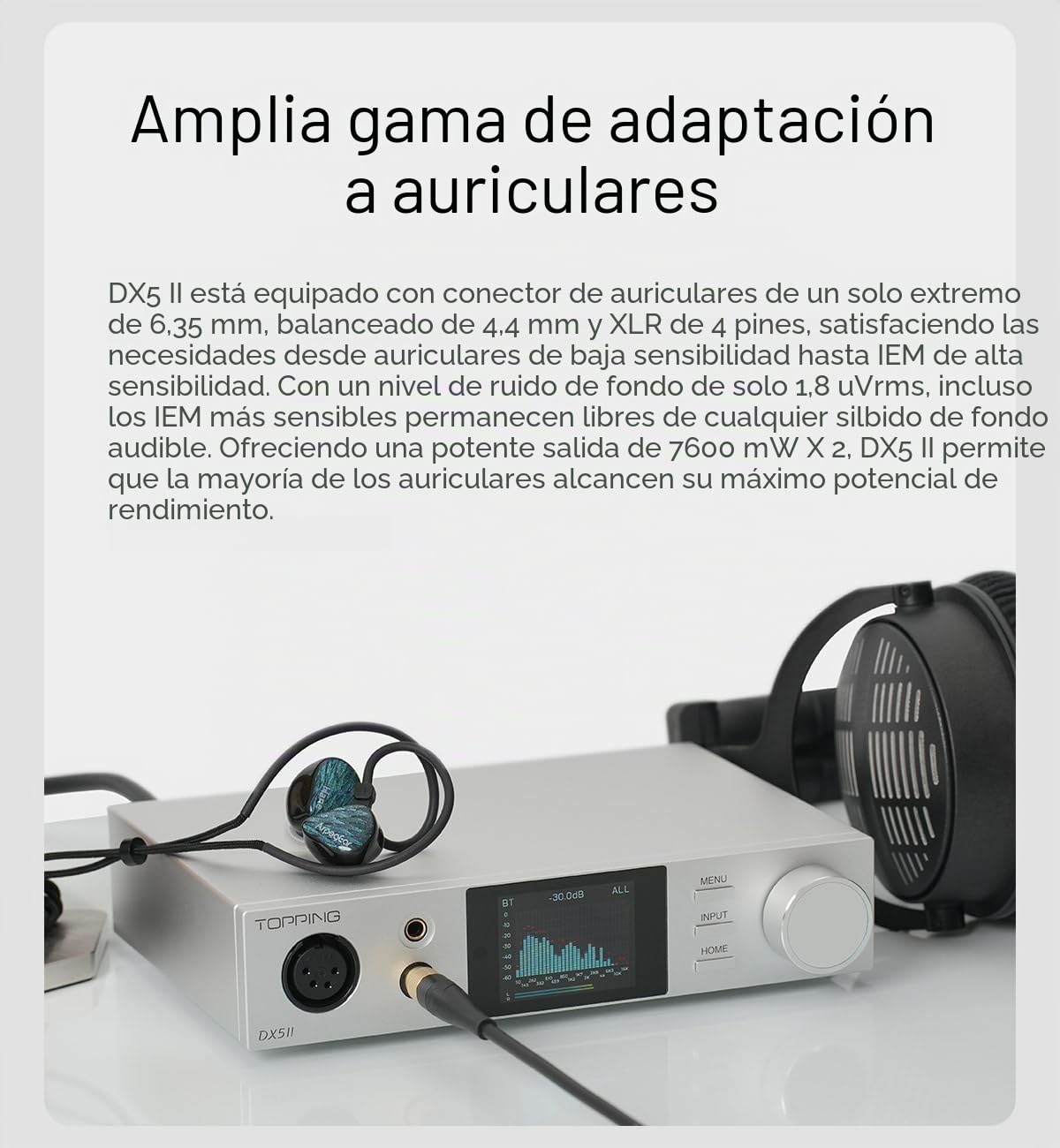 Topping DX5II combo de amplificador de auriculares DAC totalmente simétrico - Dual ES9039Q2M 10 banda PEQ DSD512 nativo PCM768kHz 6,35 mm SE 4.4 mm salida simétrica (negro)