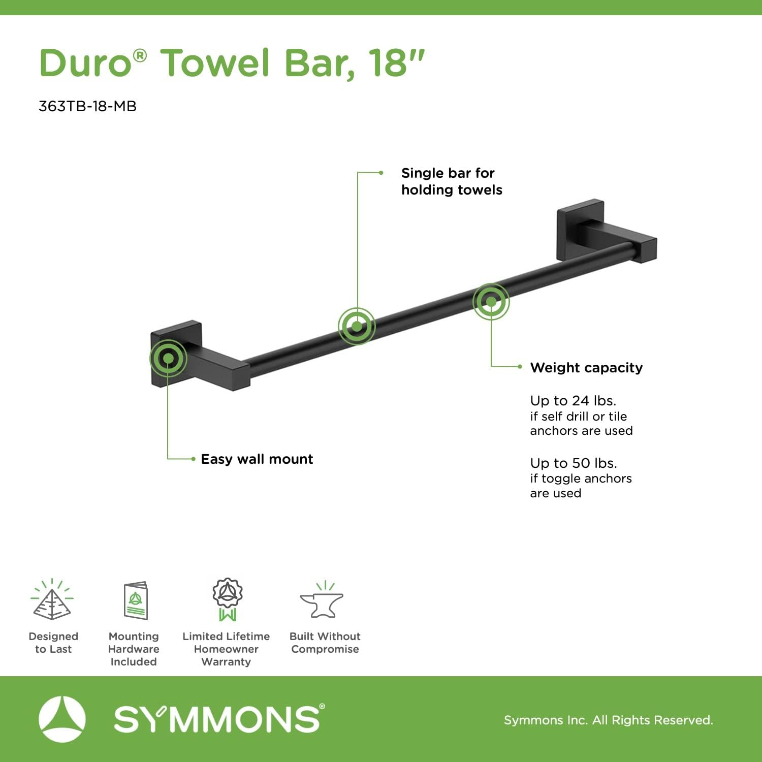 Symmons 363TB-18-MB Duro 18 in. Wall-Mounted Towel Bar in Matte Black