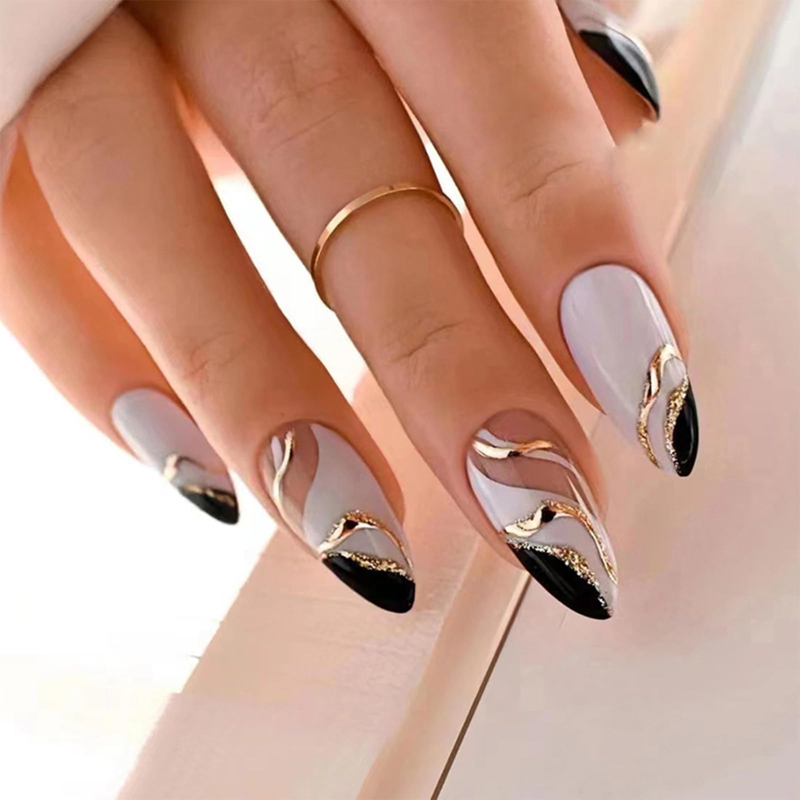 French Almond Fake Nails,Cute Acrylic Nails,Fake Nails with Pentagram,Nude Ladies Artificial Nails 24 pcs: Black and white gold thread