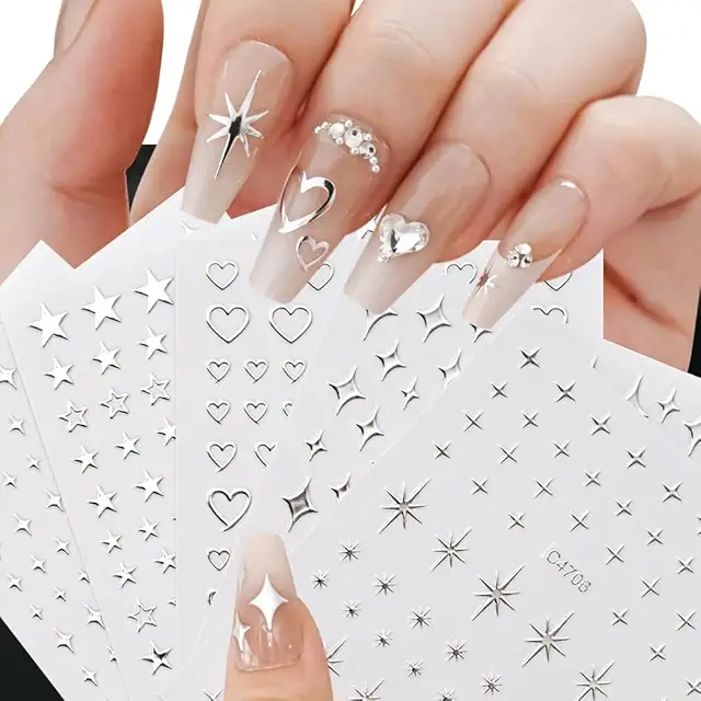 3D Metallic Silber Nagelsticker Sterne Herzen - Selbstklebende Nailart Aufkleber