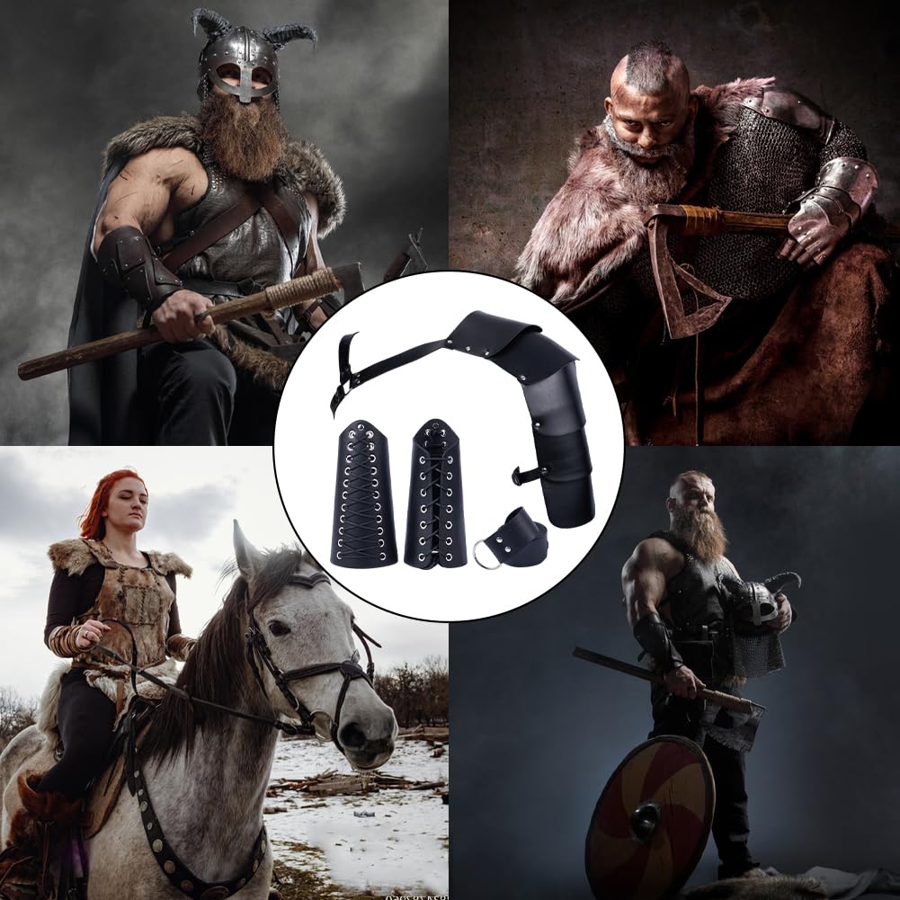 GORGECRAFT 4pz Accesorios de Disfraz Medieval para Hombre Correa de Hebilla Ajustable Armadura de Cuero de Un Solo Hombro Protectores de Brazo de Cuero Negro PU Kit de Cinturón Cosplay Halloween