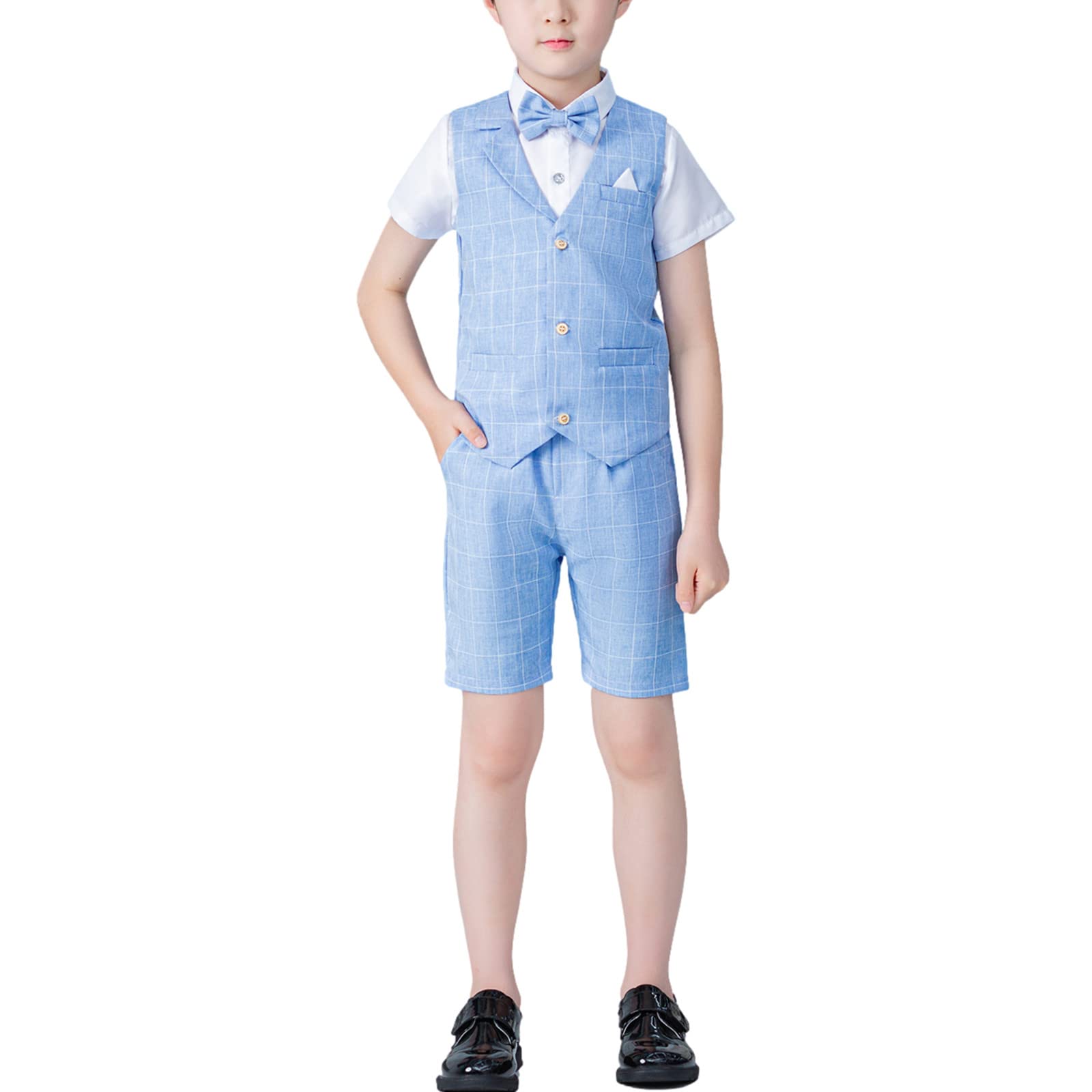 4 pièces Garçons Été Shorts Costumes Ensemble Coupe Ajustée Gilet Chemise Shorts Nœud Papillon Tenue Vêtements