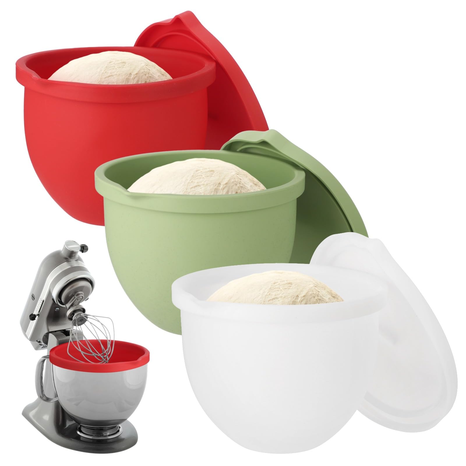 SWEWARM 3 Pcs Silicone Bowl Liners, Fits 5 QT Stand Mixer, Flexible Mixing Bowl Inserts with Lids, Easy to Clean, Ideal for Baking Prep, Dough Fermentation, Red & Green & Transparent