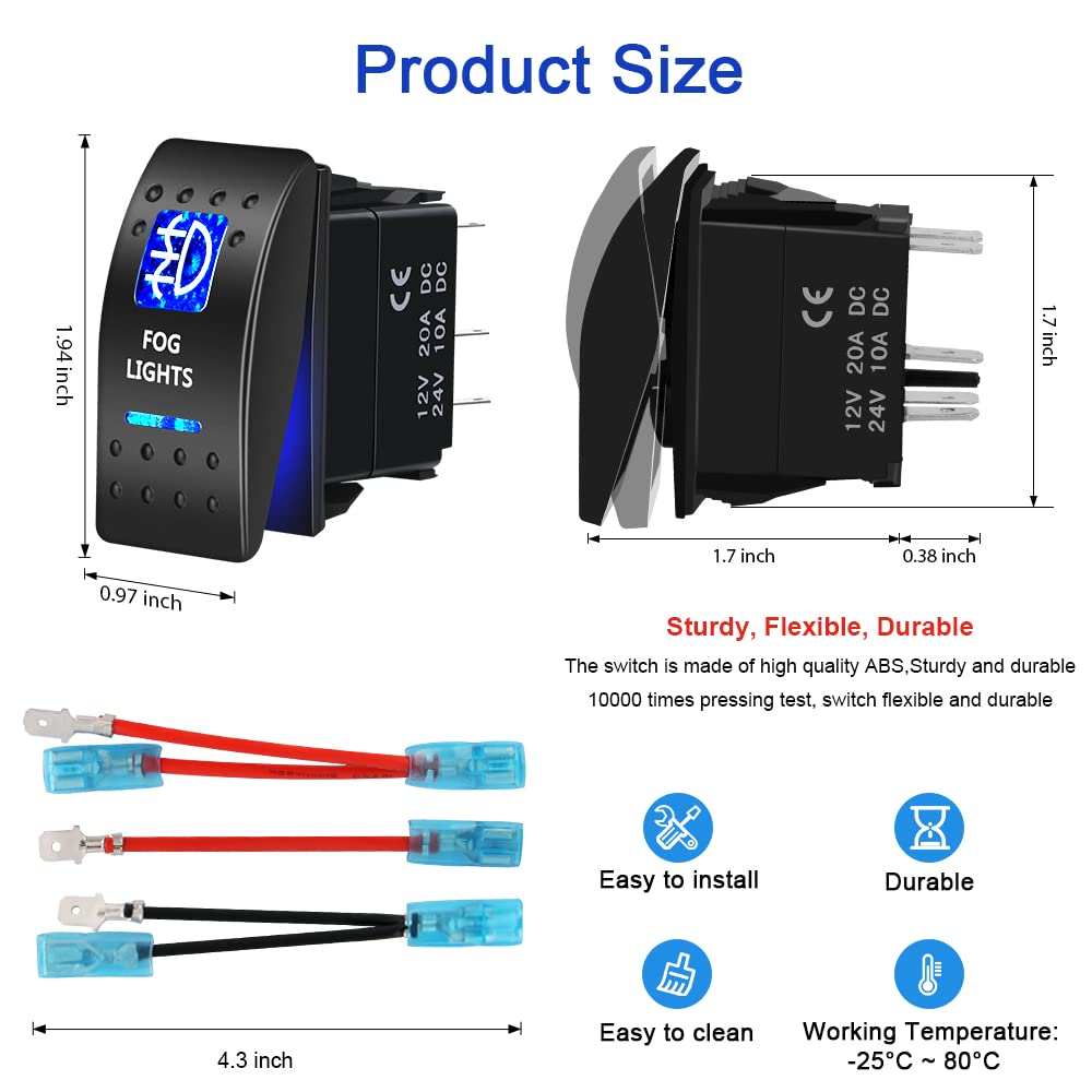 Blue LED Toggle Rocker Switch 5-Pin – 12V 20A ON-OFF For Fog Lights, Car ATV UTV