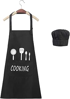 ZERHOK 2pcs Tablier de Cuisine Longe Noir Professionnel et Chapeau Chef Tablier Serveuse Unisexe Réglable étanche Huil avec Poches Femme Homme pour Cuisine Bistrot Hôtel Café Baker Jardinage