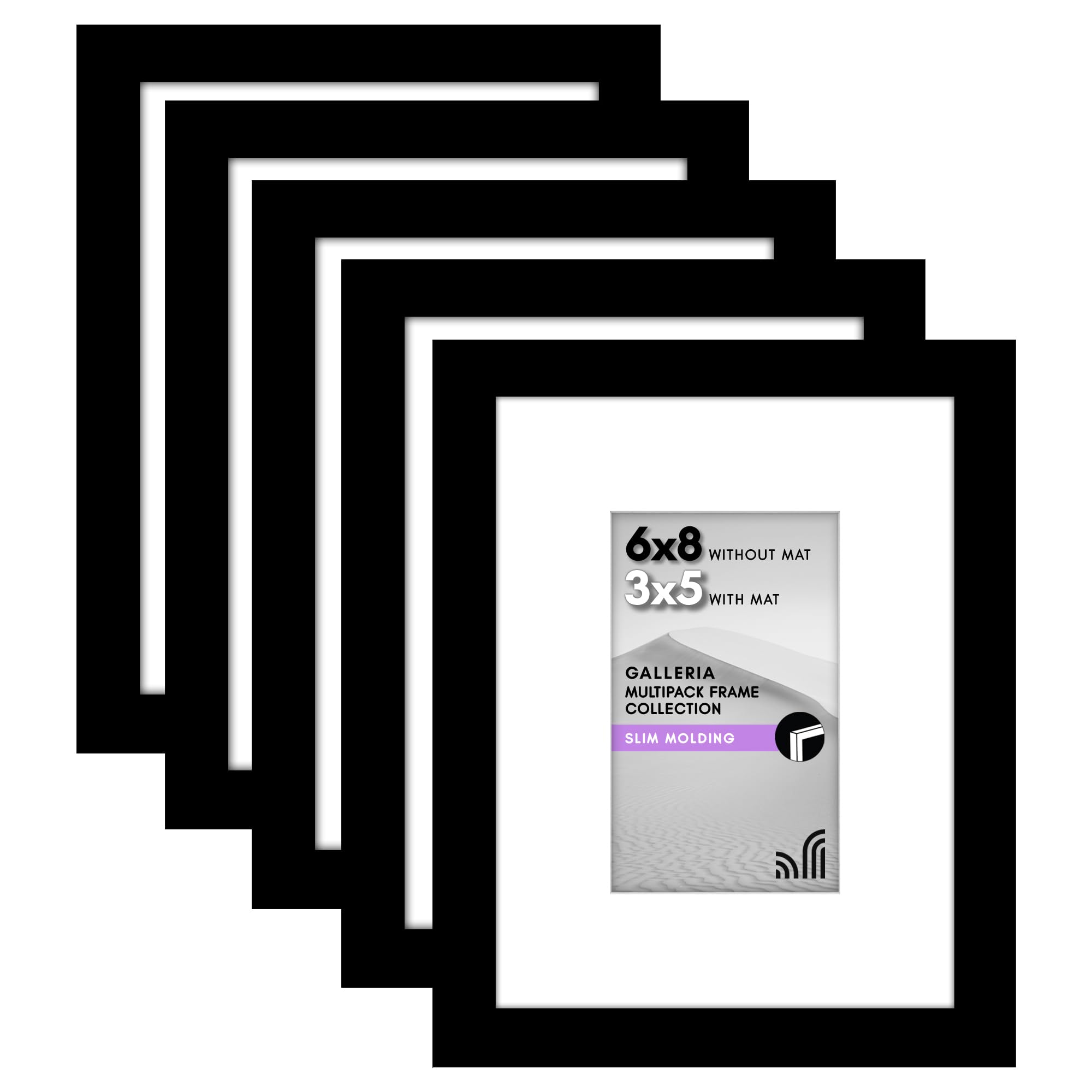 Americanflat 6x8 Picture Frame with Polished Plexiglass - Set of 5 - Use as 3x5 Frame with Mat or 6x8 Frame Without Mat - Galleria Collection - Gallery Frames for Tabletop and Wall Display - Black
