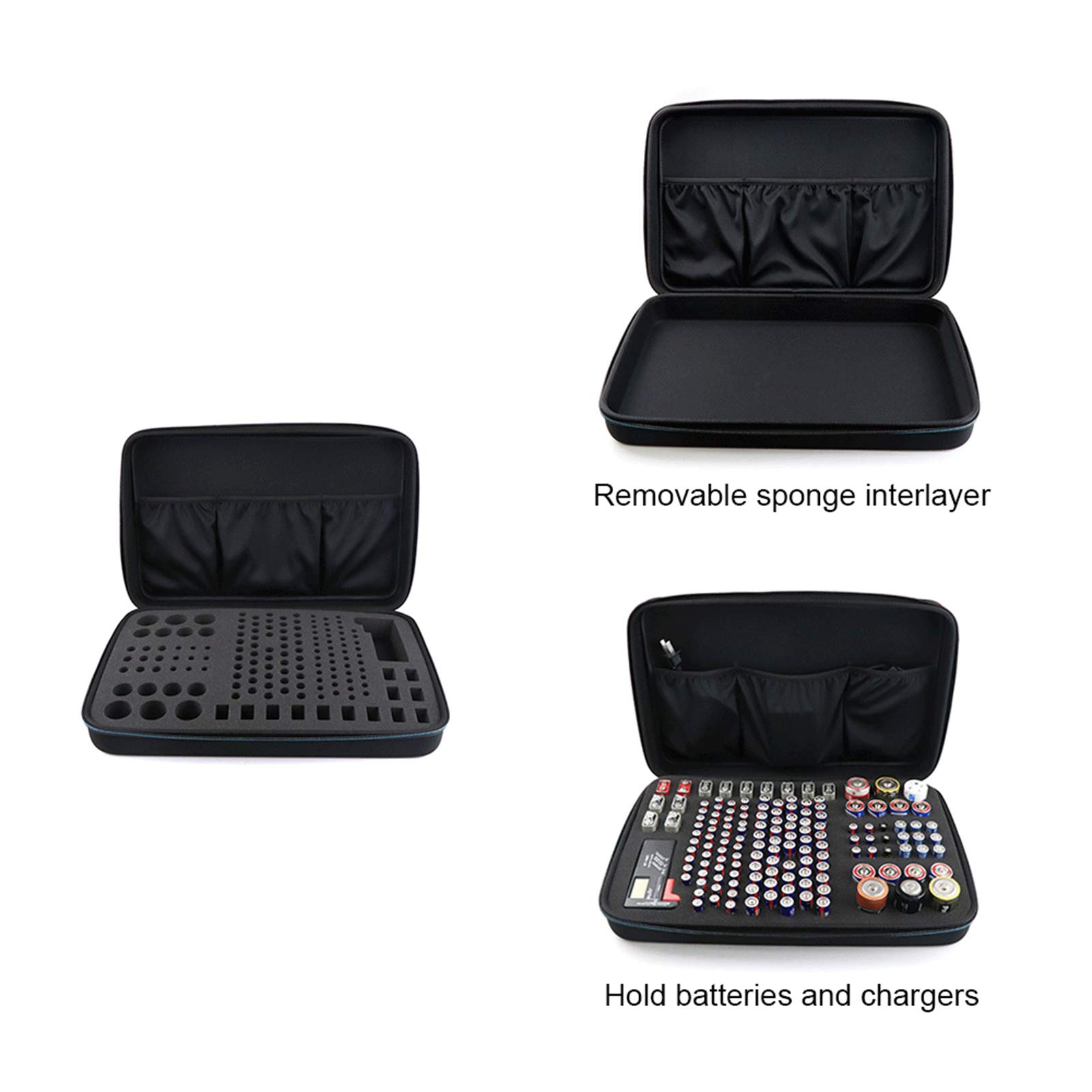 Stoßfeste Aufbewahrungsbox für 146 Batterien (AA AAA C D 9 V) mit Netztaschen für Ladegeräte, tragbare Organizer-Box für Zuhause, Reisen und den professionellen Gebrauch