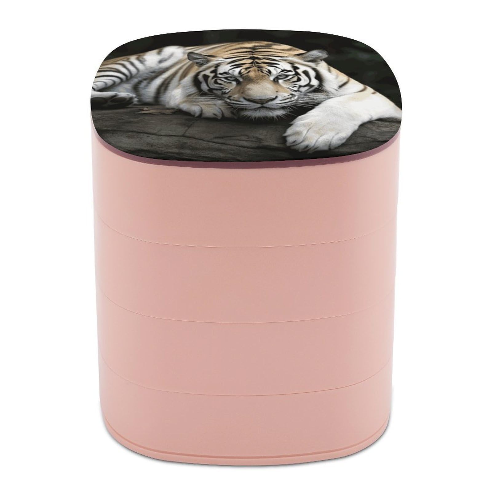 JTREHY Tiger Lie On RockJewelry Box 4-Layer Rotating Stronge Boxs Round Travel Jewelry Case with Lid for Bracelets Rings Bracelets, Gift for Women